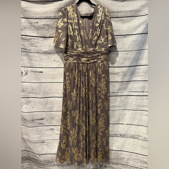 SLNY Fashions Mauve Gold Foil Floral A-Line Gown Faux Wrap Flutter Sleeve Dress - Picture 3 of 7